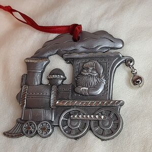 Santa on Train Pewter Christmas Ornament Locomotive Engine Conductor